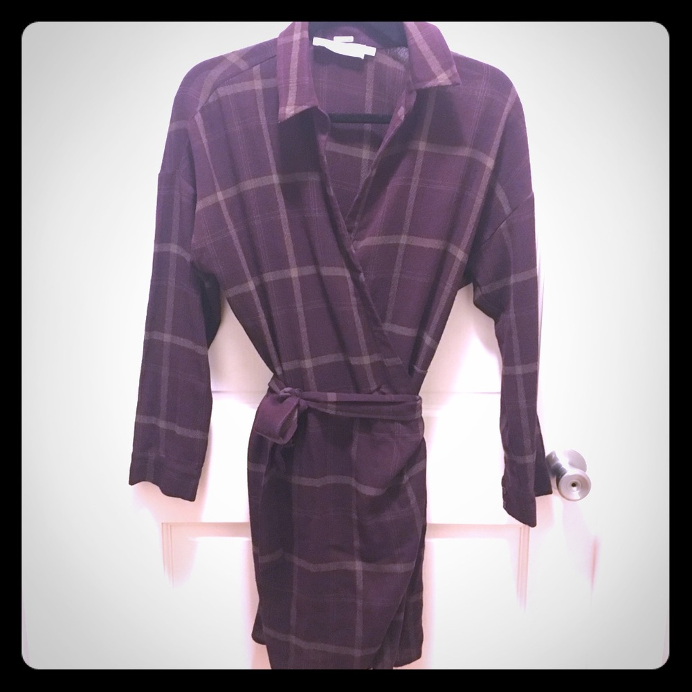 Aubergine and grey plaid ASTR wrap dress